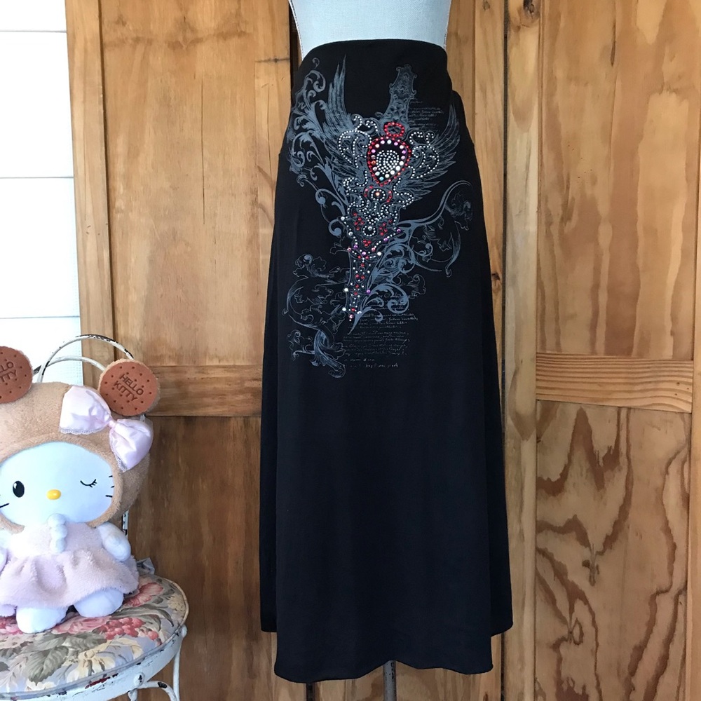 Black Embellished Maxi Skirt with Red Accent